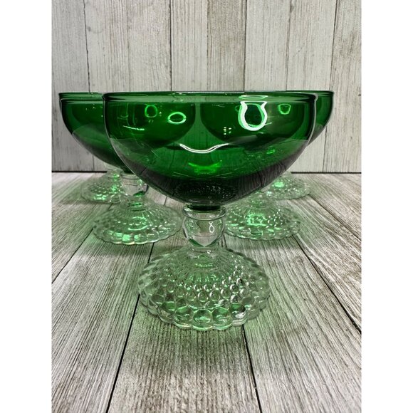 Vtg Anchor Hocking Forest Green Sherbet Clear Bubble Base Set of 5 Champagne - Picture 9 of 12